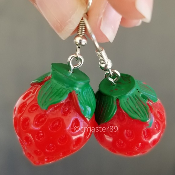 2 for $8 3D Strawberry Statement Hook Earrings - Picture 4 of 5
